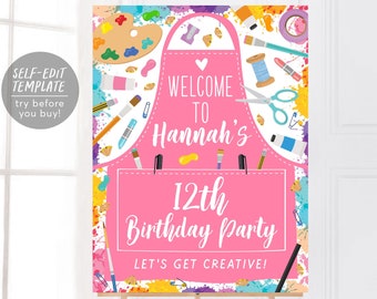 Art Party Birthday Poster Birthday Party Editable Template, Crafts Art Studio Painting Girl Welcome Sign, Craft Pink Apron Instant Download