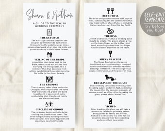Bearbeitbare jüdische minimalistische Hochzeitsprogrammvorlage, jüdische Erklärung, Judaica-Ikonen, langes Hochzeitsprogramm, religiöser Programmführer