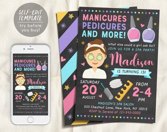 Spa Party Birthday Party Invitation Editable Template, Manicure Pedicures Mani Pedi Facial Spa Day Nail Salon Invite, Girl Tween Printable