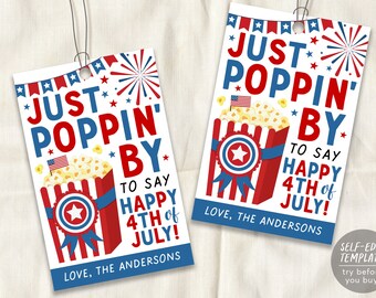 4. Juli Popcorn-Geschenkanhänger Bearbeitbare Vorlage, patriotischer 4. Juli-Geschenkanhänger, Kunden-Lehrer-Personal-Krankenschwester-Anerkennung-Danke-Tag