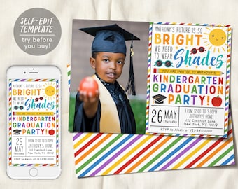 Kindergarten Graduation Party Invitation With Photo Editable Template, Preschool Class Ceremony Announcement Invite, Our Future is Bright