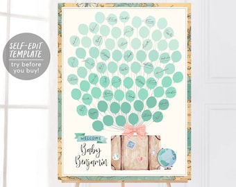 Mapa mundial Tema de viaje Baby Shower Libro de visitas Plantilla editable alternativa, Globo de aventura Mapa neutral Libro de visitas unisex Iniciar sesión en globo