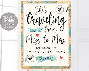 Bridal Shower She's Traveling from Miss to Mrs Printable Welcome Sign Editable Template, Vintage Travel Theme Destination Wedding Poster