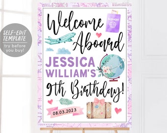 Welcome Aboard Airline Travel Themed Birthday Welcome Sign Editable Template, Adventure Awaits Globe Girl Party Sign, Destination Birthday