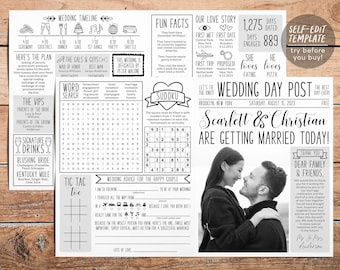 Large Newspaper Wedding Program 11x17 Editable Template, Folded Modern Reception Program, Unique Infographic Program, Printable Timeline