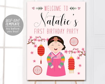 Dohl Girl Welcome Sign Editable Template, Korean First Birthday Party Poster Signage, Doljabi Doljanchi Dol Decorations Decor Printable File
