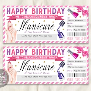 Plantilla editable de boleto de manicura, certificado de regalo de Mani Pedi de cumpleaños para ella, cupón de vale de día de spa de salón de uñas revelar bricolaje imprimible