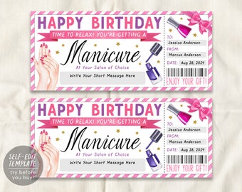Modello modificabile biglietto manicure, buono regalo compleanno Mani Pedi per lei, voucher voucher giorno spa per salone di bellezza rivela stampabile fai da te