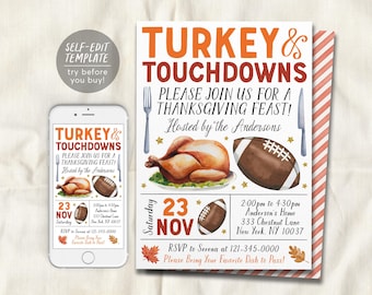 Könnte beinhalten: Eine Thanksgiving-Einladungsvorlage mit dem Titel Turkey & Touchdowns, die einen gebratenen Truthahn, einen Football, eine Gabel, ein Messer und Herbstblätter zeigt. Der Text enthält Veranstaltungsdetails, Datum und Ort.