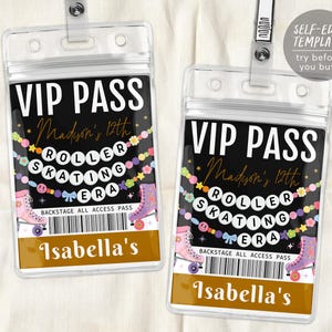 Roller Skating Era VIP Pass Editable Template, Skating Rink Friendship Bracelet Party VIP Badge, Eras Retro Skater Black Gold VIP Insert