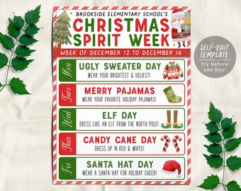Christmas Spirit Week Itinerary Schedule Editable Template, Winter Xmas School Teacher Staff Appreciation Week Planner, Calendar PTA PTO