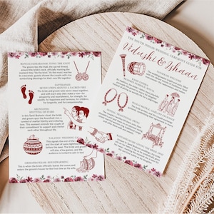 Pode incluir: Dois guias de cerimónia de casamento com bordas florais. Os guias, intitulados "The South Indian Wedding Ceremony Guide for Vidushi & Ishaan", detalham rituais como amarrar o nó, dar sete passos e observar as estrelas.