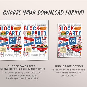 May include: Printable invitation for a 4th of July block party. The invitation features a red, white, and blue color scheme with illustrations of fireworks, hot dogs, hamburgers, and a grill. The text on the invitation reads "Join us for a 4th of July Neighborhood Block Party".