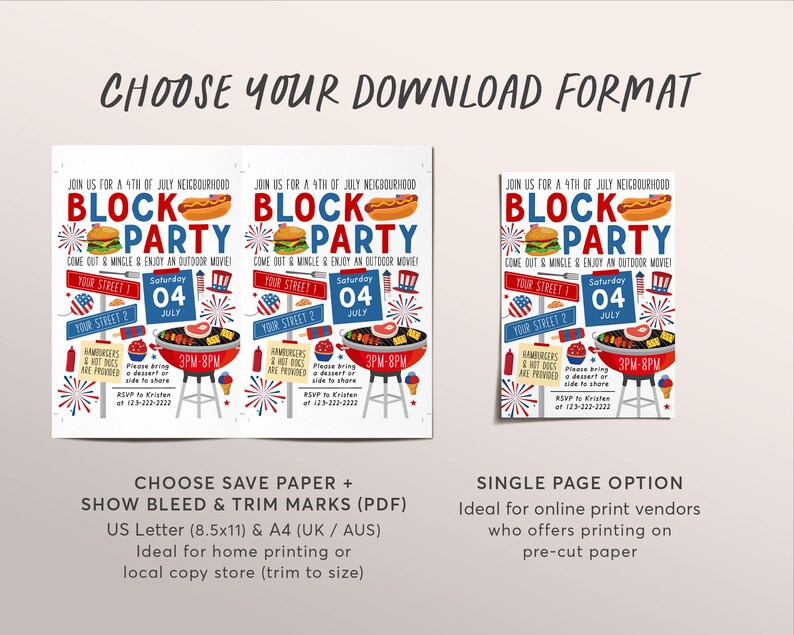 May include: Printable invitation for a 4th of July block party. The invitation features a red, white, and blue color scheme with illustrations of fireworks, hot dogs, hamburgers, and a grill. The text on the invitation reads "Join us for a 4th of July Neighborhood Block Party".