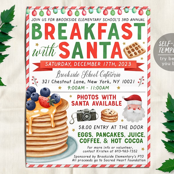 Breakfast with Santa Flyer Editable Template, Pancakes with Santa Invitation, Kids Christmas Brunch Party Holiday, Church School PTO PTA