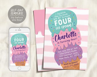 Könnte beinhalten: Eine Geburtstagseinladungsvorlage mit drei gestapelten Eiskugeln in Türkis, Rosa und Lila mit bunten Streuseln. Der Text lautet: I Scream, You Scream, We All Scream FOUR ice cream! Charlotte is turning four! Sat, July 4th at 2pm, 333 Chestnut Lane, New York, NY 10013. RSVP to Serena at 121-345-0000.