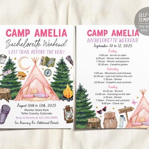 Camp Bachelorette Itinerary And Invitation Editable Template, Outdoor Glamping Cabin Party Weekend Schedule Invite, Camping Bridal Shower