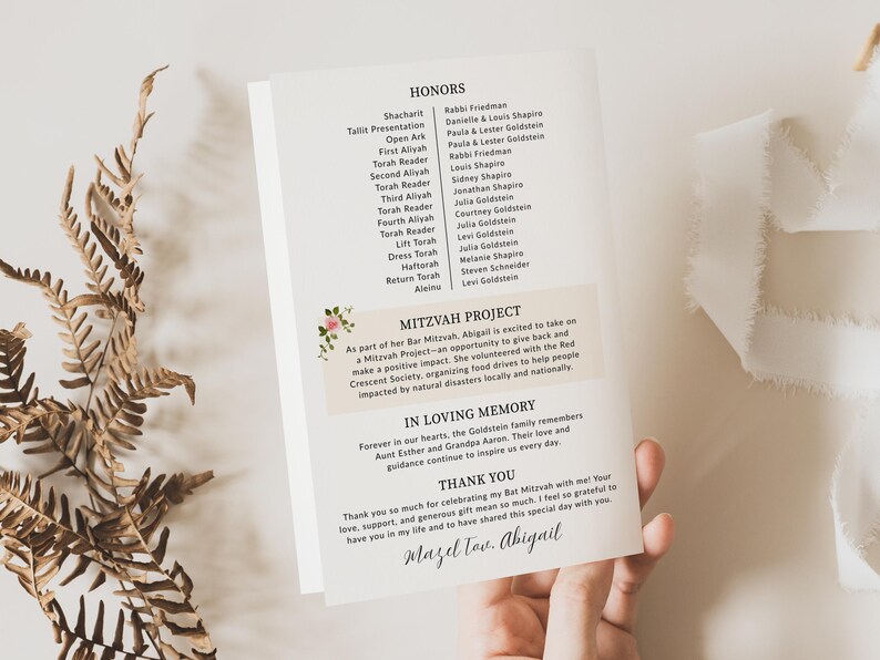 Bat Mitzvah Program Template, Wildflower Boho Jewish Ceremony Folded