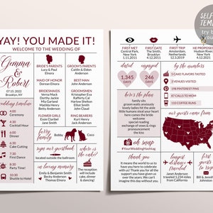 Infographic Wedding Program Template, Burgundy Wedding Reception Program, Editable Modern Program Printable, Wedding Timeline