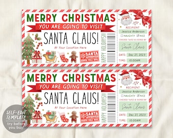 May include: Two identical Christmas-themed tickets featuring red and white striped borders, green and red text reading Merry Christmas, and illustrations of a tree, sleigh, stocking, gingerbread man, and Santa Claus with a red bow.