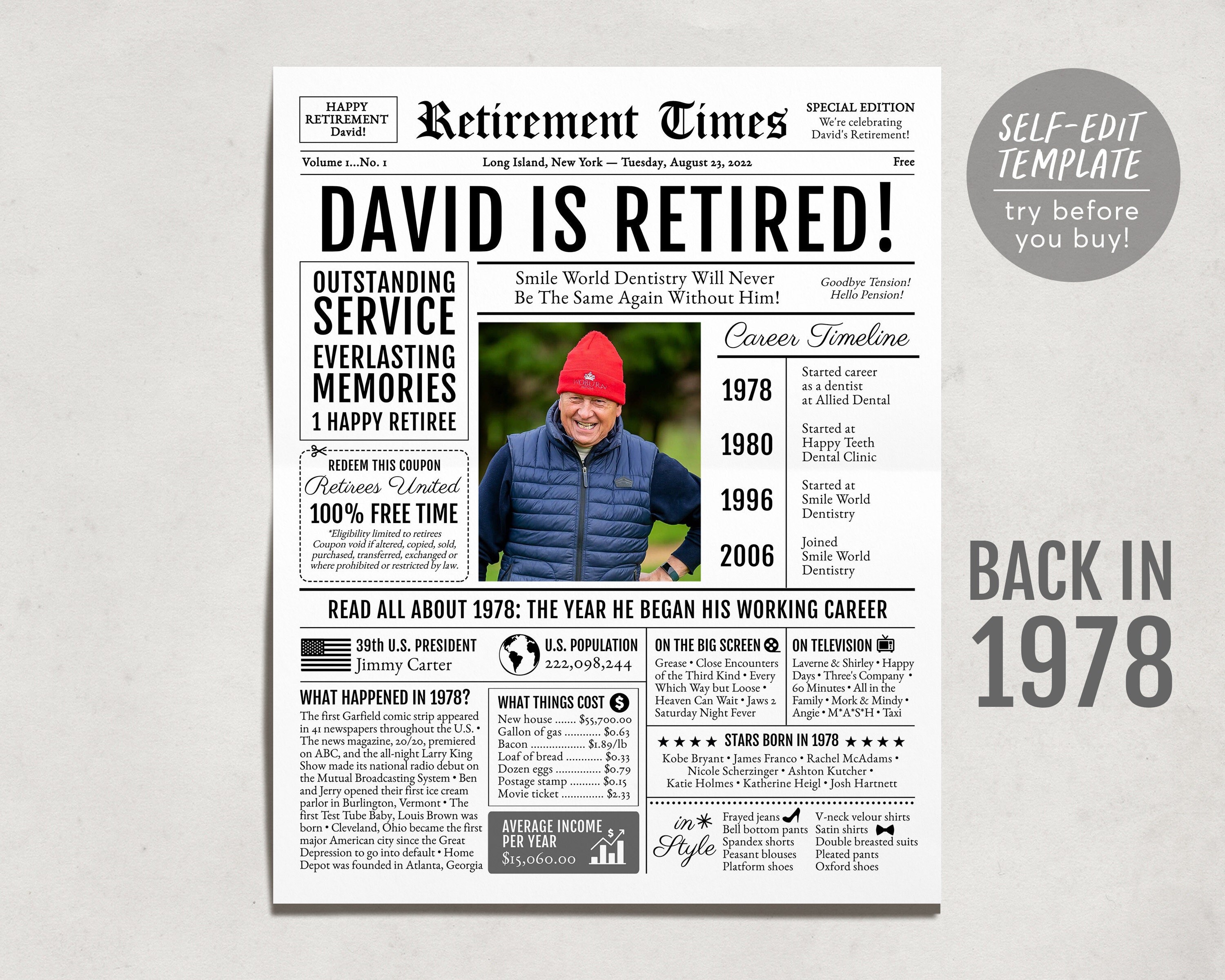 Editable Retirement Gift for Dentist Template, Retirement Gifts For Psychologist, Retirement Sign for Surgeon Lawyer, Newspaper Back in 1978