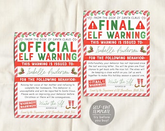 Puede incluir: Dos tarjetas rectangulares imprimibles con bordes a rayas rojas y blancas. La tarjeta izquierda dice Official Elf Warning y la derecha Final Elf Warning. Ambas incluyen texto From the desk of Santa Claus, espacio para un nombre, descripciones de comportamiento y una línea de firma para Winter the Elf.