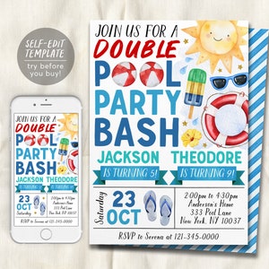 May include: A blue and white striped background with a white card on top. The card has a watercolor illustration of a sun, sunglasses, a popsicle, a beach ball, and a life preserver. The text on the card reads "Join us for a Double Pool Party Bash" and "Jackson Theodore is turning 5!" and "Theodore is turning 9!" The card also includes the date "Saturday, October 23rd" and the time "2:00 pm to 4:30 pm". The address is "Anderson's Home, 333 Pool Lane, New York, NY 10037". The RSVP information is "RSVP to Serena at 121-345-0000".