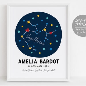 Sagittarius Zodiac New Baby Gift Editable Template, Astrological Star Sign, Constellation Art Print, Astrology Nursery Wall Decor Printable