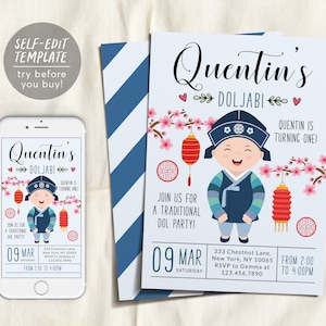 Korean BOY First Birthday Invitation Template, Editable Doljabi Korean Baby Boy Hanbok Birthday Evite, Personalized Dol Doljanchi Printable