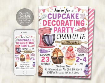 May include: A cupcake decorating party invitation template featuring a pink stand mixer, rolling pin, piping bags, and two cupcakes. The text reads Join us for a Cupcake Decorating Party, Charlotte is turning 5, Saturday 23 October, from 2-4 PM, 333 Chestnut Lane, New York, NY 10013, RSVP to Serena at 121-345-0000.