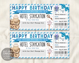 Hotel Staycation Voucher Editable Template, Birthday Surprise Hotel Reservation, Holiday Weekend Getaway Hotel Ticket Gift Certificate