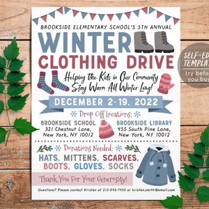 May include: A flyer for a winter clothing drive at Brookside Elementary School. The flyer is decorated with winter-themed illustrations, including boots, mittens, scarves, hats, and socks. The drive is scheduled for December 2-19, 2022.  Drop off locations are Brookside School and Brookside Library.