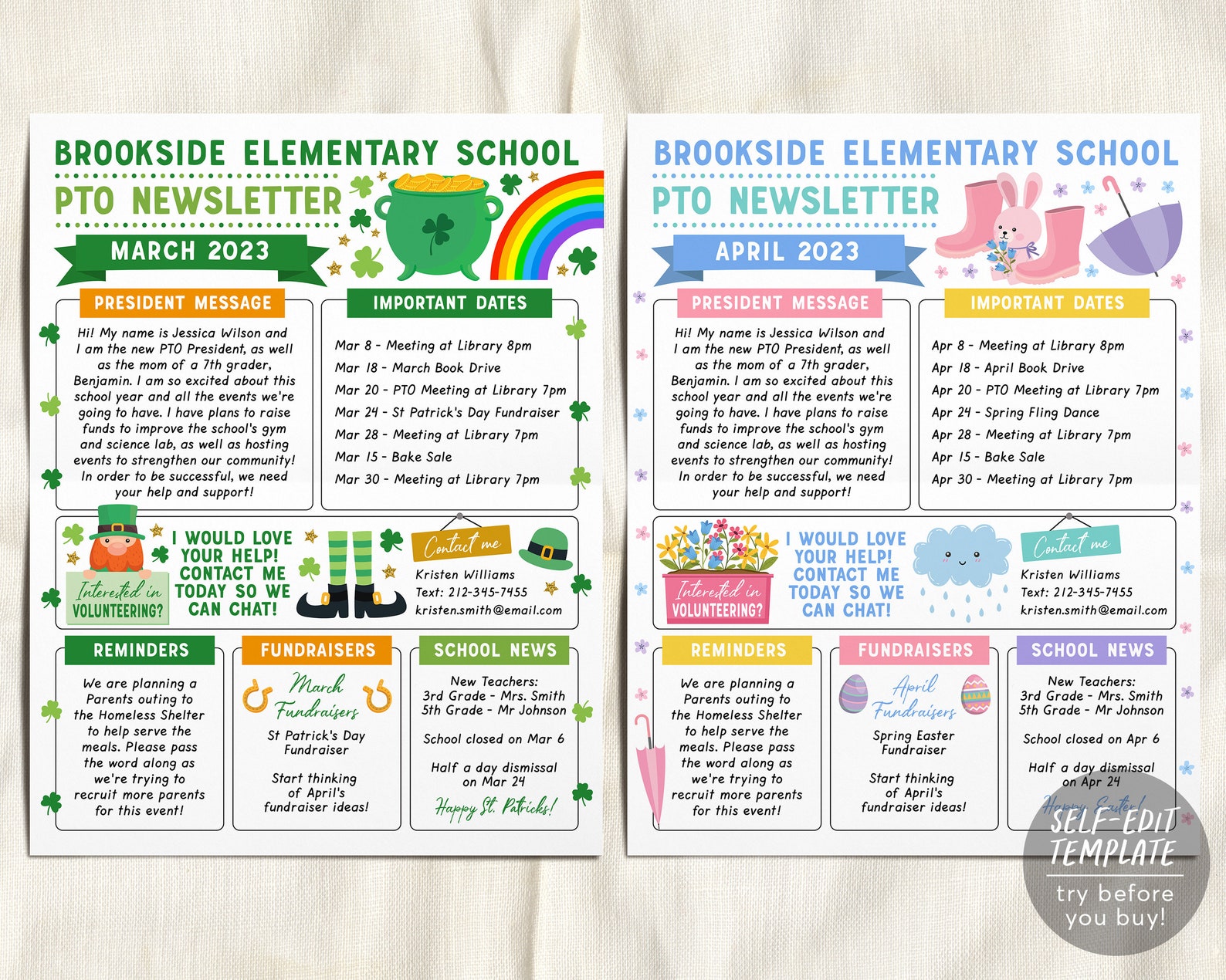 Yearly PTO PTA Newsletter Editable Template BUNDLE Set, Classroom ...
