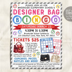 Designer tas bingoavond flyer bewerkbare sjabloon, damesbingo fundraiser evenement game-avond uitnodiging, handtas portemonnees kerk bedrijfsgemeenschap