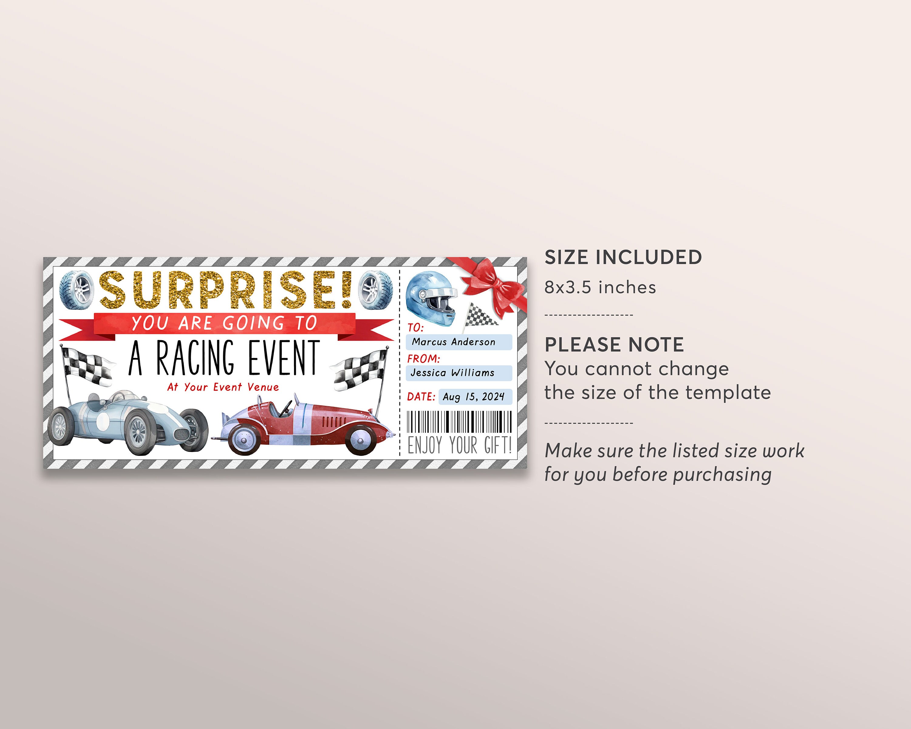 Car Race Ticket Gift Certificate Editable Template, Surprise Car Racing ...