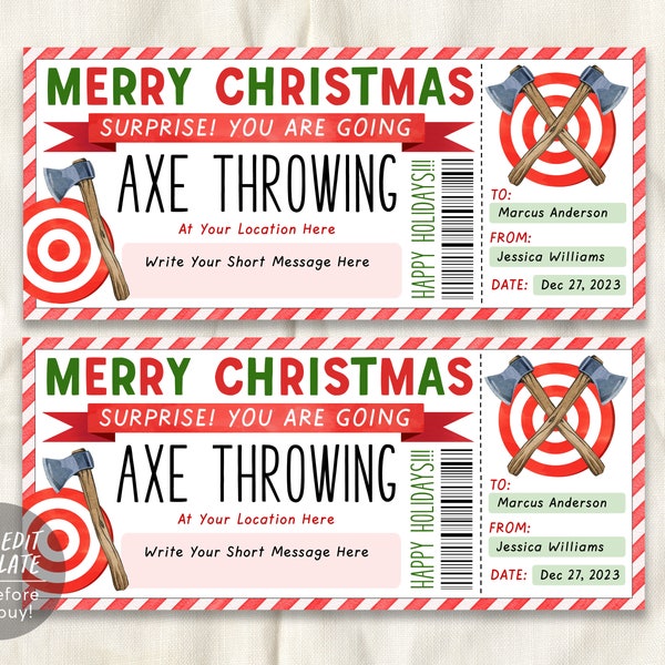 Christmas Axe Throwing Gift Certificate Ticket Editable Template, Surprise Hatchet Throwing Experience Gift Voucher Holiday Coupon Printable