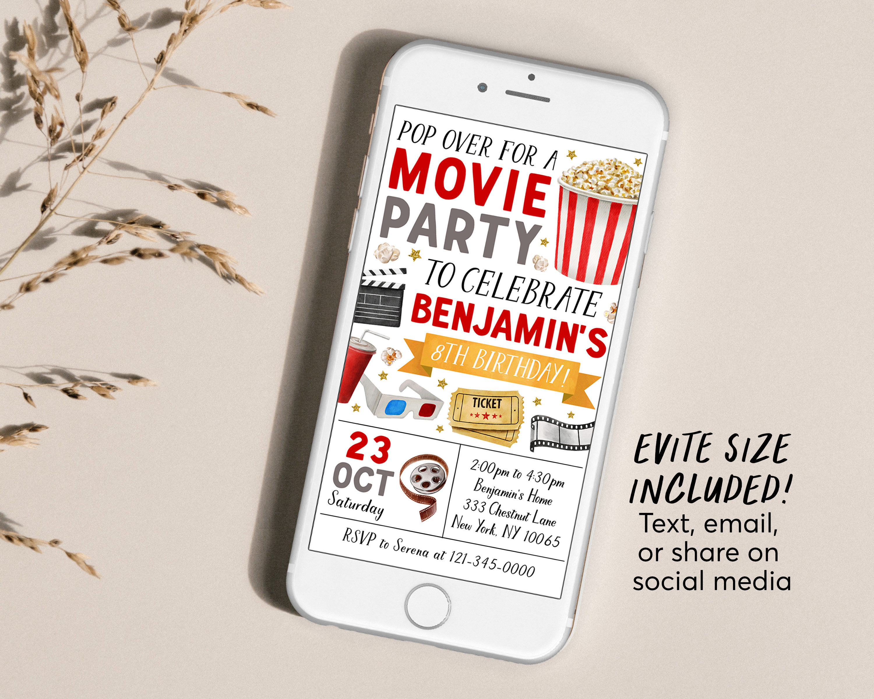 Movie Birthday Invitation Editable Template, Unisex Pop on Over Cinema ...