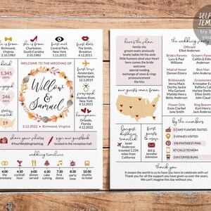 Programma di matrimonio autunnale modificabile, programma del ricevimento autunnale in stile boho con infografica, cronologia del matrimonio, programma della cerimonia boho unico, matrimonio rustico