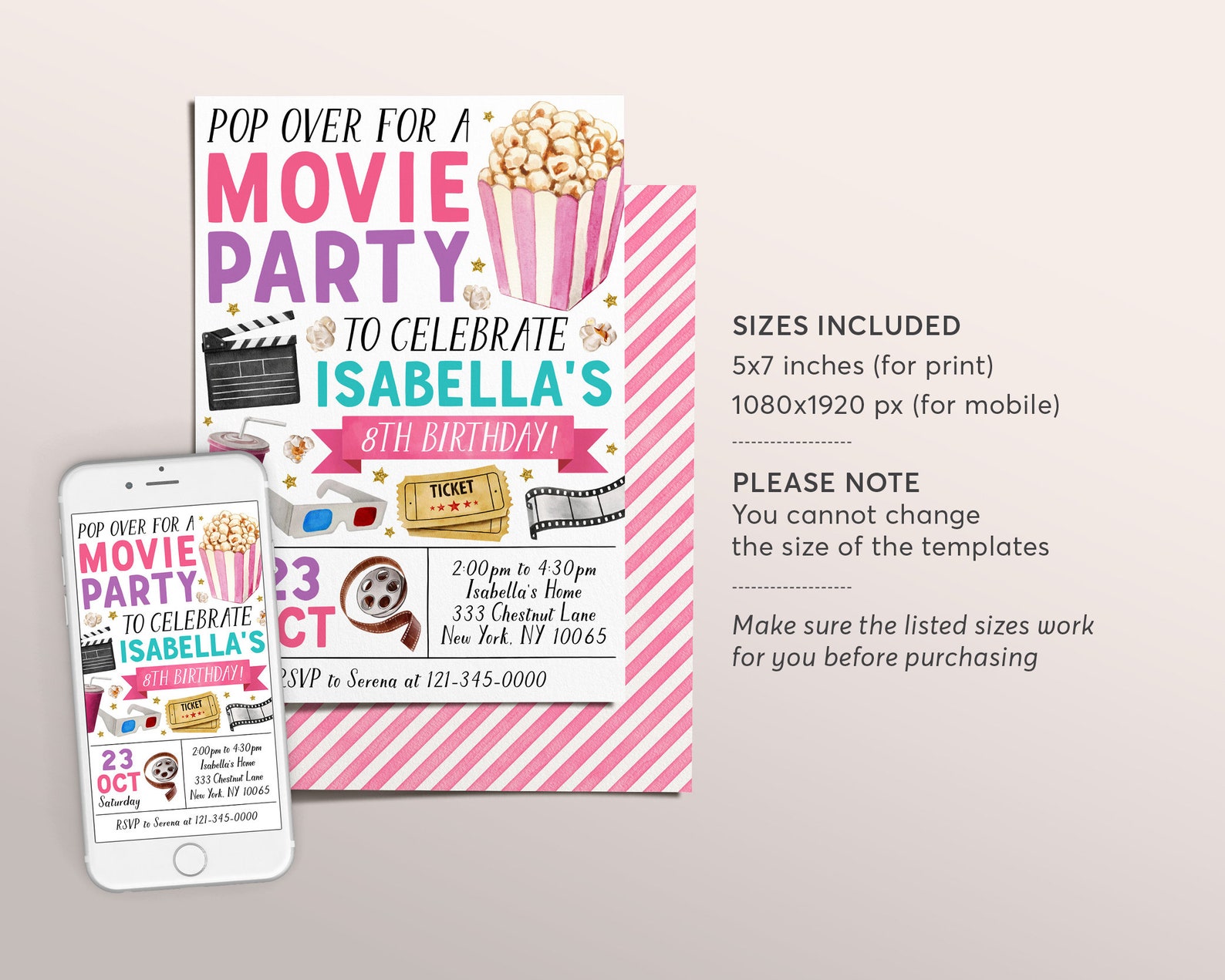Movie Birthday Invitation Editable Template, Girl Pop on Over Cinema ...