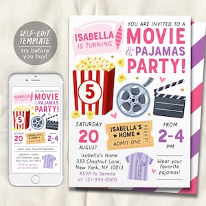 Film und Pyjamas Party Geburtstagseinladung bearbeitbare Vorlage, Mädchen Film PJs Pyjama Party Popcorn einladen, Sleepover Movie Ticket Evite