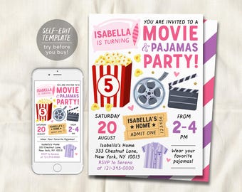 Modelo editável de convite para festa de aniversário com filme e pijama, convite para festa do pijama com pipoca e pijama de filme para meninas, ingresso para festa do pijama para filme