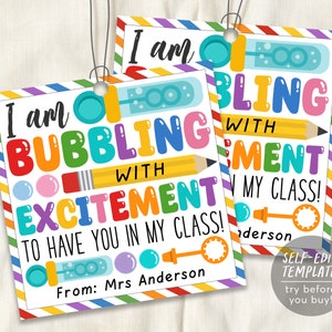 Bubbling With Excitement Back to School Gift Tag Editable Template, First Day Of School Kids Classroom Bubbles Favor Tags, PTA PTO Students