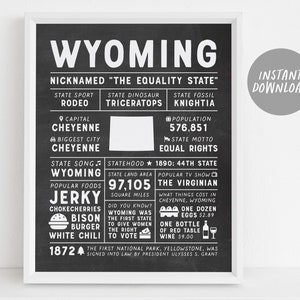 Wyoming State Wall Art Sign Affiche Infographie, Tableau noir Wyoming Carte, Cheyenne, États américains, Faits sur l’État, Cadeau pour les hommes Mari Frère Lui