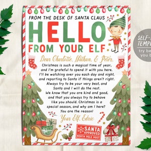 Olá, carta do modelo editável do elfo, nota de chegada do elfo de MENINO OU MENINA, carta de visita do novo elfo pela primeira vez, atividade de carta de boas-vindas de Natal