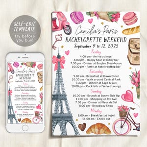 Pode incluir: Um itinerário de fim de semana de despedida de solteira para a viagem de Camila a Paris, de 9 a 12 de setembro de 2025. O design inclui uma scooter rosa, a Torre Eiffel, macarons e uma bicicleta. O texto diz "SELF-EDIT TEMPLATE try before you buy!"