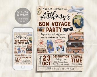 Plantilla editable de invitación para fiesta de buen viaje, invitación para despedida de soltera, viaje de aventura alrededor del mundo con Evite