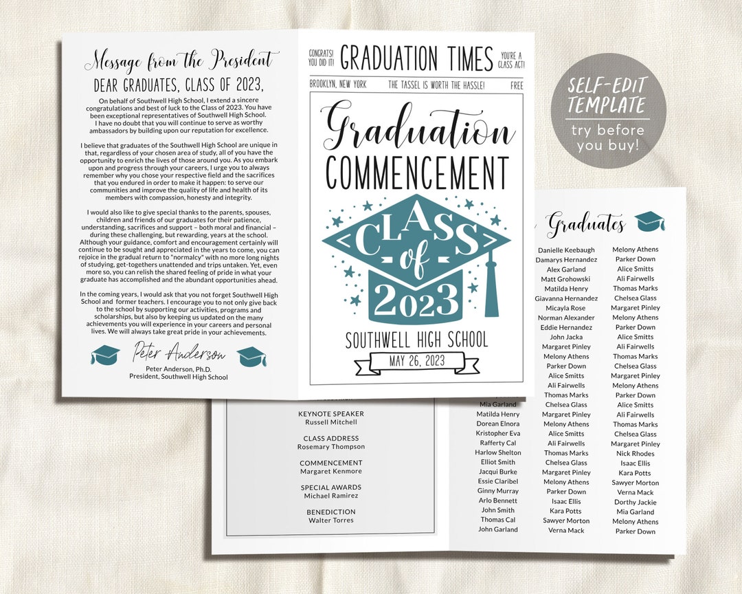 Graduation Program Editable Template, Pamphlet Booklet Newspaper High Graduation Program Editable Template, Pamphlet Booklet Newspaper High