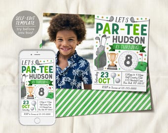 Golf Birthday Invitation With Photo Editable Template, Boy Let's Par Tee Golf Party Invite, Kids Sports Theme Evite, Mini Golf Tournament
