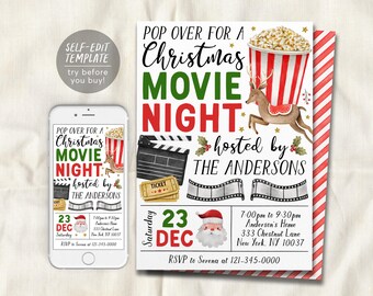 Może przedstawiać: Szablon zaproszenia na świąteczny wieczór filmowy z kubełkiem popcornu, reniferem, klapsem filmowym i taśmami filmowymi. Tekst zawiera napis POP OVER FOR A Christmas MOVIE NIGHT hosted by THE ANDERSONS, Saturday 23 DEC oraz szczegóły wydarzenia.