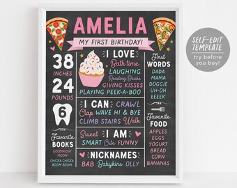Op de afbeelding: Een verjaardagsbord in krijtbordstijl voor Amelia met roze, witte en turquoise tekst. Het toont 38 inches, 24 pounds, 6 tanden, een cupcake-illustratie, pizzapunten en lijsten met favorieten, eerste woorden en favoriete voedingsmiddelen.